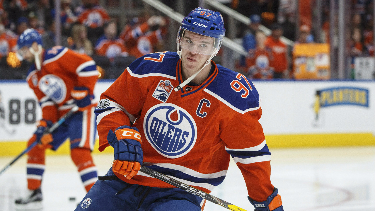 Connor McDavid of the Edmonton Oilers warms up prior to the game