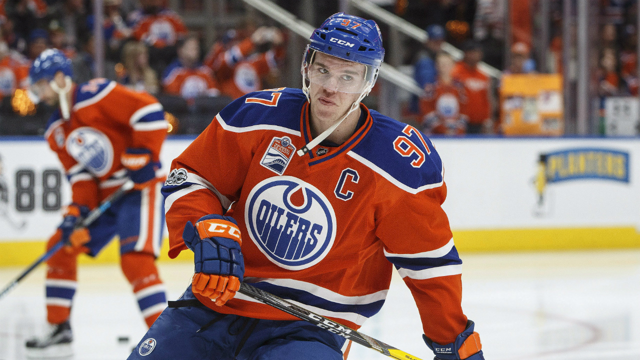 Edmonton-Oilers'-Connor-McDavid-(97)-takes-part-in-warm-up-before-taking-on-the-San-Jose-Sharks-during-NHL-playoff-action-in-Edmonton,-Alta.,-on-Friday-April-14,-2017.-(Jason-Franson/CP)