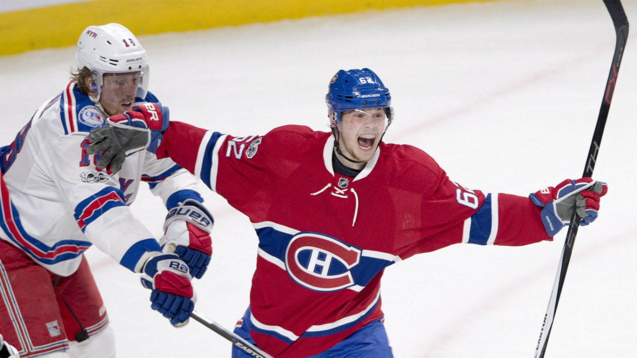 Montreal-Canadiens-left-wing-Artturi-Lehkonen-(62)-reacts-after-scoring-the-first-goal-as-New-York-Rangers-defenceman-Marc-Staal-(18)-looks-on-during-first-period-of-Game-5-NHL-Stanley-Cup-first-round-playoff-hockey-action-in-Montreal-on-Thursday,-April-20,-2017.-(Ryan-Remiorz/CP)