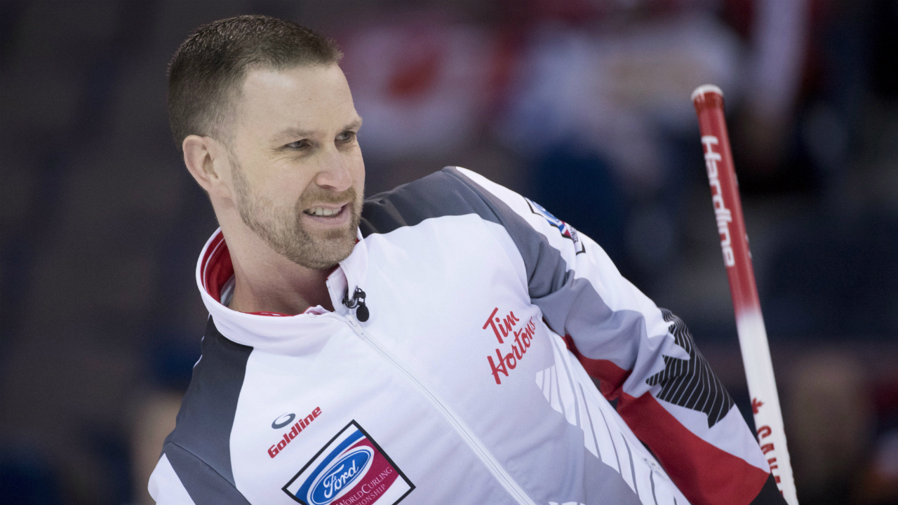 Team-Canada-skip-Brad-Gushue-reacts-to-his-shot-during-the-12th-draw-against-Netherlands-at-the-Men's-World-Curling-Championships-in-Edmonton,-Wednesday,-April-5,-2017.-(Jonathan-Hayward/CP)