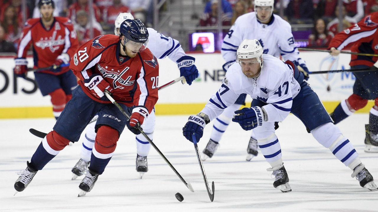 Washington-Capitals-centre-Lars-Eller-(20),-of-Denmark,-battles-for-the-puck-with-Toronto-Maple-Leafs-centre-Leo-Komarov-(47),-of-Russia,-during-the-second-period-of-Game-5-in-an-NHL-Stanley-Cup-hockey-first-round-playoff-series,-Friday,-April-21,-2017,-in-Washington.-(Nick-Wass/AP)