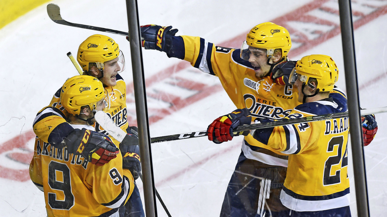 Erie-Otters'-Taylor-Raddysh,-top-left,-celebrates-with-teammates,-from-left,-Kyle-Maksimovich,-Dylan-Strome-and-Darren-Raddysh-after-scoring-against-the-Owen-Sound-Attack-in-the-second-period-of-an-OHL-hockey-game-Friday,-April-21,-2017,-in-Erie,-Pa.-(Dave-Munch/Erie-Times-News-via-AP)