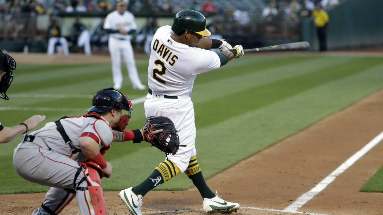 Oakland-Athletics'-Khris-Davis-(2)-swings-on-a-solo-home-run-against-the-Boston-Red-Sox-during-the-first-inning-of-a-baseball-game-Thursday,-May-18,-2017,-in-Oakland,-Calif.-(Marcio-Jose-Sanchez/AP)