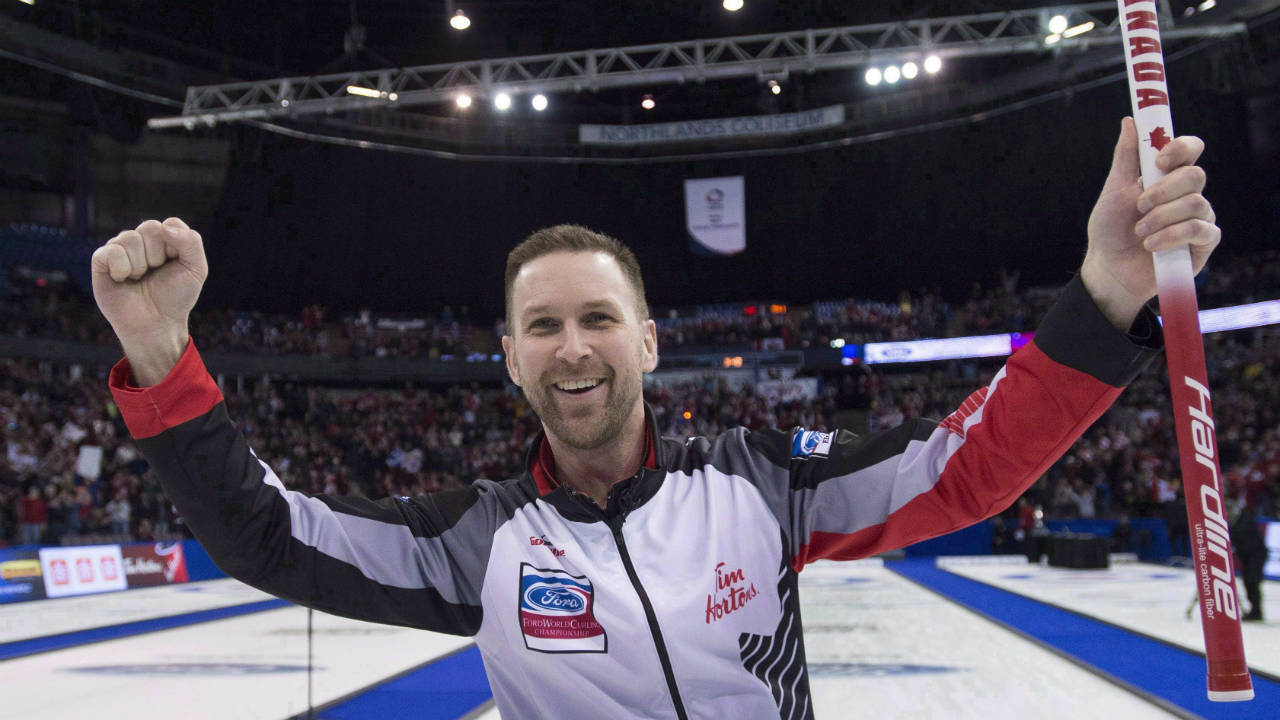 Canada-skip-Brad-Gushue-celebrates-his-gold-medal-win-over-Sweden-at-the-Men's-World-Curling-Championships-in-Edmonton,-Sunday,-April-9,-2017.-World-champions-Gushue-and-Rachel-Homan-will-headline-the-field-at-the-2017-Tim-Hortons-Roar-of-the-Rings.-(Jonathan-Hayward/CP)
