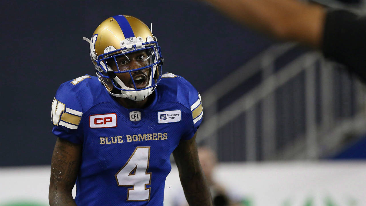 Winnipeg-Blue-Bombers'-Darvin-Adams-(4)-calls-for-a-pass-interference-call-against-the-Calgary-Stampeders-during-the-second-half-of-CFL-action-in-Winnipeg-Thursday,-July-21,-2016.-Adams-would-be-happy-to-haul-in-some-long-bombs-and-take-it-to-the-house.-Weston-Dressler-is-gearing-up-to-turn-some-short-passes-into-big-gains.But-what-the-Winnipeg-Blue-Bombers-receiving-corps-really-needs-to-catch-this-season-is-a-break-on-the-injury-front.-(John-Woods/AP)
