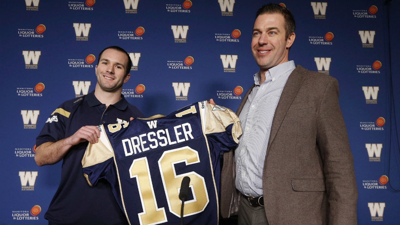 Newly-signed-Winnipeg-Blue-Bombers-receiver-Weston-Dressler-and-general-manager-Kyle-Walters.-(John-Woods/CP)
