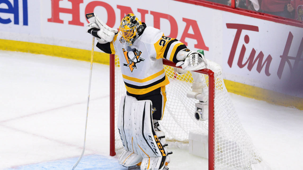 Pittsburgh-Penguins-goalie-Marc-Andre-Fleury-(29)-looks-down-after-being-scored-on-by-the-Ottawa-Senators-during-the-first-period-of-game-three-of-the-Eastern-Conference-final-in-the-NHL-Stanley-Cup-hockey-playoffs-in-Ottawa-on-Wednesday,-May-17,-2017.-The-Pittsburgh-Penguins-aren't-saying-which-of-their-two-goaltenders-will-start-Game-4-of-the-Eastern-Conference-final.-(Sean-Kilpatrick/CP)