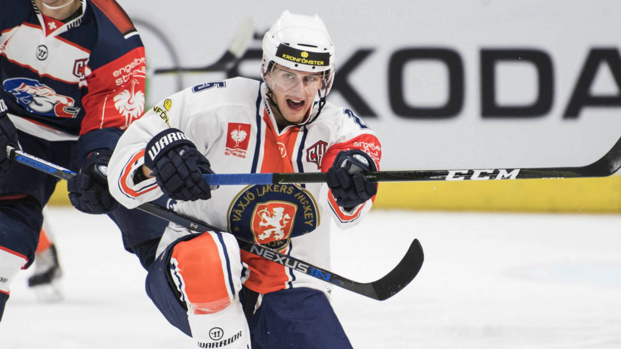 Roman-Wick,-left,-of-ZSC-Lions,-fights-for-the-puck-against-Philip-Holm,-right,-of-Vaxjo-Lakers-during-their-Champions-Hockey-League-quarter-final-ice-hockey-match-between-Switzerland's-ZSC-Zurich-and-Sweden's-Vaxjo-Lakers,-at-the-Hallenstadion,-in-Zurich,-Switzerland,-Tuesday,-Dec.-6,-2016.-(Ennio-Leanza/Keystone-via-AP)