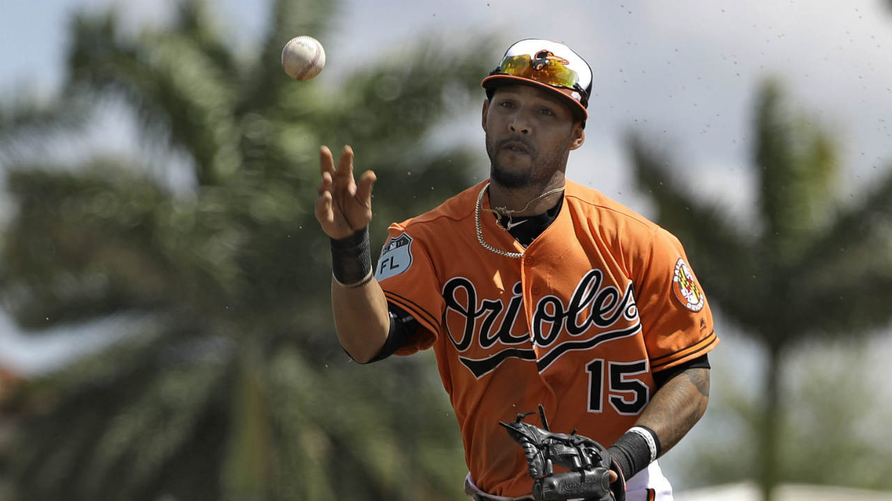 Tuesday,-March-14,-2017-file-photo,-Baltimore-Orioles-second-baseman-Robert-Andino-flips-the-ball-to-first-baseman-Chris-Davis-in-time-to-get-Tampa-Bay-Rays'-Shane-Peterson-in-the-third-inning-of-a-spring-training-baseball-game-in-Sarasota,-Fla.-Baltimore-Orioles-infielder-Robert-Andino-has-been-suspended-for-50-games-under-baseball's-minor-league-drug-program-following-a-positive-test-for-Amphetamine,-a-banned-stimulant,-Wednesday,-May-31,-2017.-(Chris-O'Meara,-File/AP)