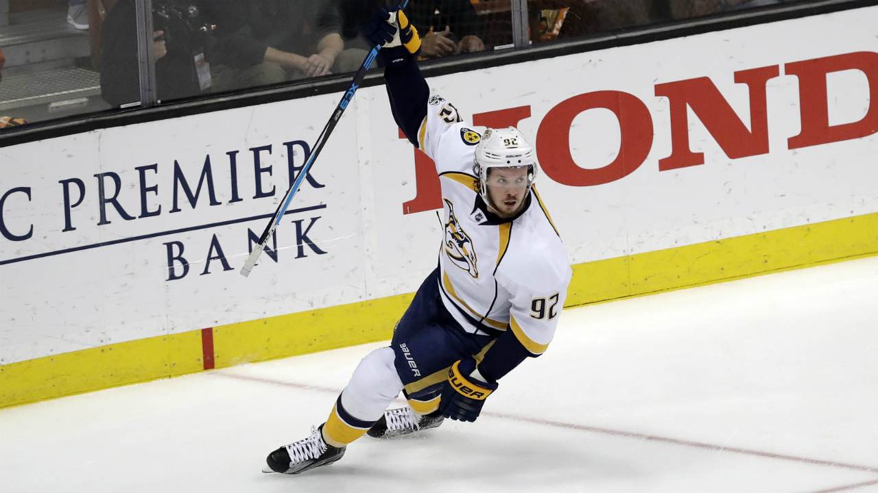 Nashville-Predators'-Ryan-Johansen-(92)-celebrates-after-scoring-a-goal-against-the-Anaheim-Ducks-during-the-first-period-of-Game-2-of-the-Western-Conference-final-in-the-NHL-hockey-Stanley-Cup-playoffs,-Sunday,-May-14,-2017,-in-Anaheim,-Calif.-(Chris-Carlson/AP)