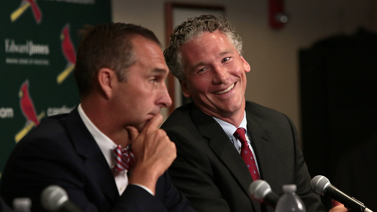 John-Mozeliak,-left,-newly-named-St.-Louis-Cardinals-president-of-baseball-operations,-and-new-general-manager-Mike-Girsch-speak-during-a-news-conference-on-Friday,-June-30,-2017,-at-Busch-Stadium-in-St.-Louis.-(Robert-Cohen/AP)