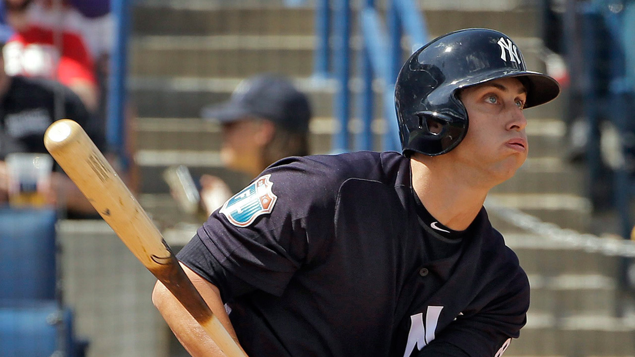 New-York-Yankees'-Dustin-Fowler-hits-a-double-off-Toronto-Blue-Jays-starting-pitcher-Drew-Hutchison-during-the-third-inning-of-a-spring-training-baseball-game-Thursday,-March-10,-2016,-in-Tampa,-Fla.-(-Chris-O'Meara/AP)