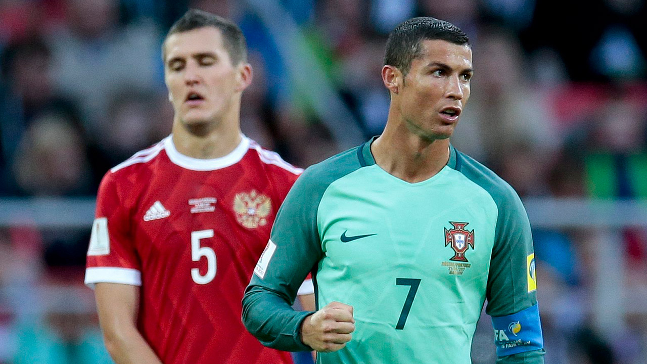 Portugal's-Cristiano-Ronaldo,-right,-celebrates-his-side's-1-0-win-at-the-end-of-the-Confederations-Cup,-Group-A-soccer-match-between-Russia-and-Portugal,-at-the-Spartak-Stadium-in-Moscow,-Wednesday,-June-21,-2017-(Ivan-Sekretarev/AP)