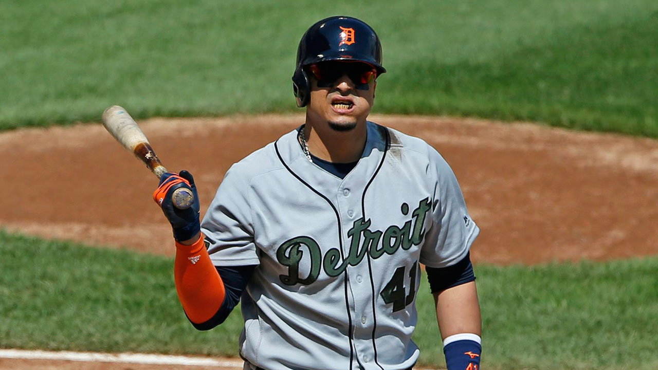 Detroit-Tigers'-Victor-Martinez-reacts-after-being-called-out-on-strikes-in-the-fifth-inning-of-a-baseball-game-against-the-Chicago-White-Sox,-Sunday,-May-28,-2017,-in-Chicago.-(Nam-Y.-Huh/AP)