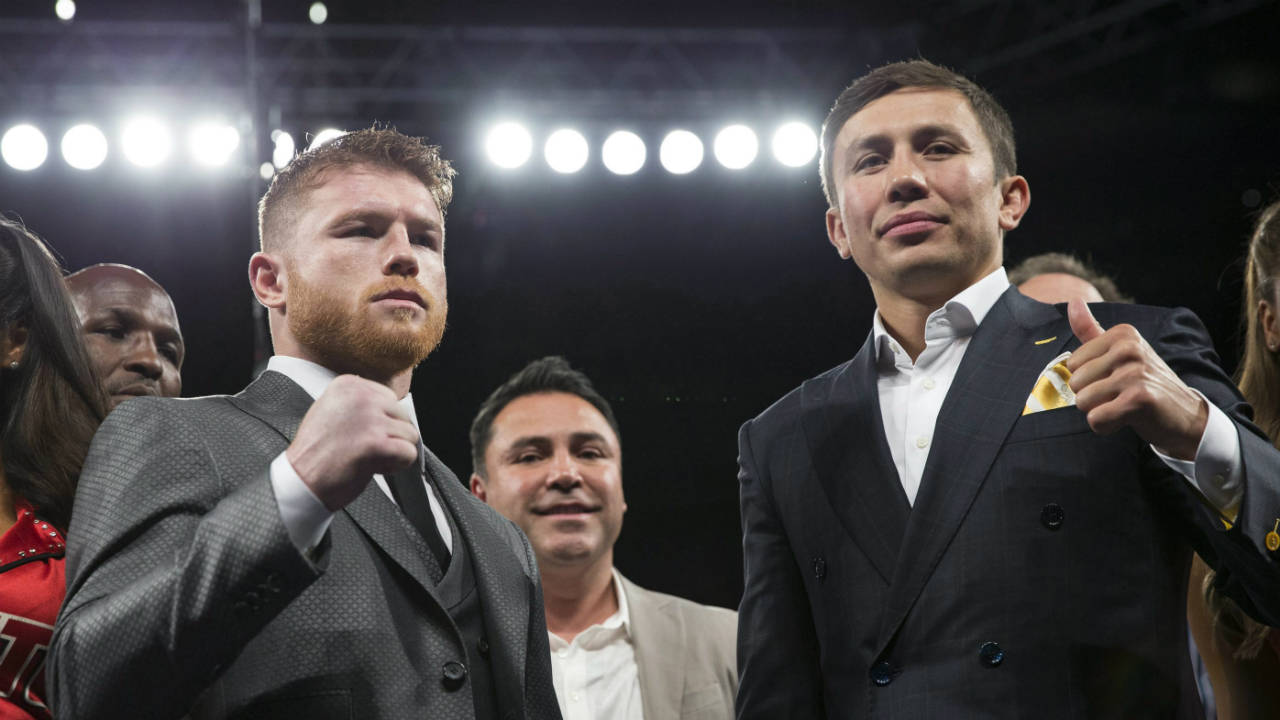 Saul-"Canelo"-Alvarez,-left,-and-Gennady-Golovkin-pose-on-Saturday,-May-6,-2017,-in-Las-Vegas.-The-two-boxing-fighters-will-fight-Sept.-16.-(Erik-Verduzco/Las-Vegas-Review-Journal-via-AP)