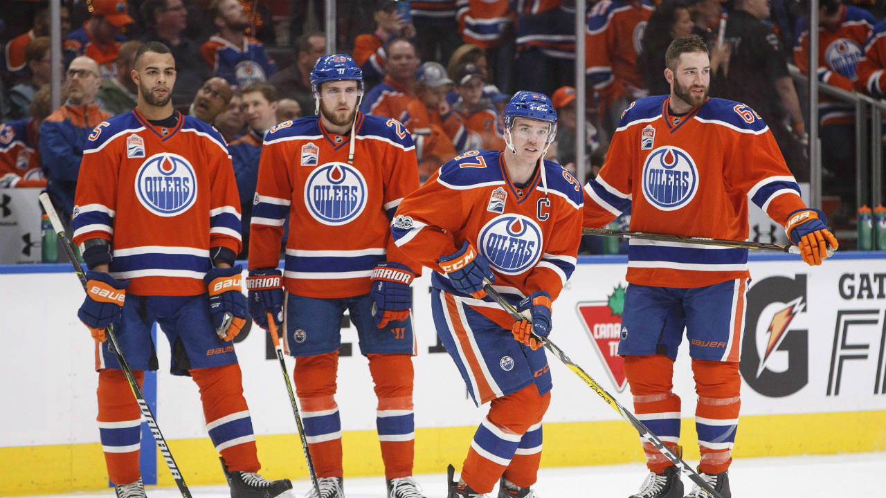 Edmonton-Oilers'-Darnell-Nurse-(25),-Leon-Draisaitl-(29),-Connor-McDavid-(97)-and-Eric-Gryba-(62)-take-part-in-warm-up-before-taking-on-the-San-Jose-Sharks-during-NHL-playoff-action-in-Edmonton,-Alta.,-on-Friday-April-14,-2017.-(Jason-Franson/CP)