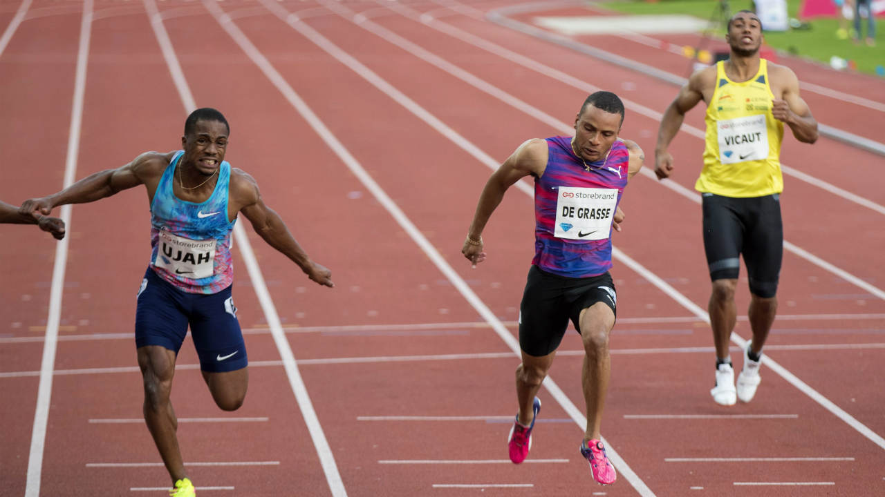 First-placed-Canada's-Andre-De-Grasse,-right.-(Vidar-Rudd/NTB-scanpix-via-AP)