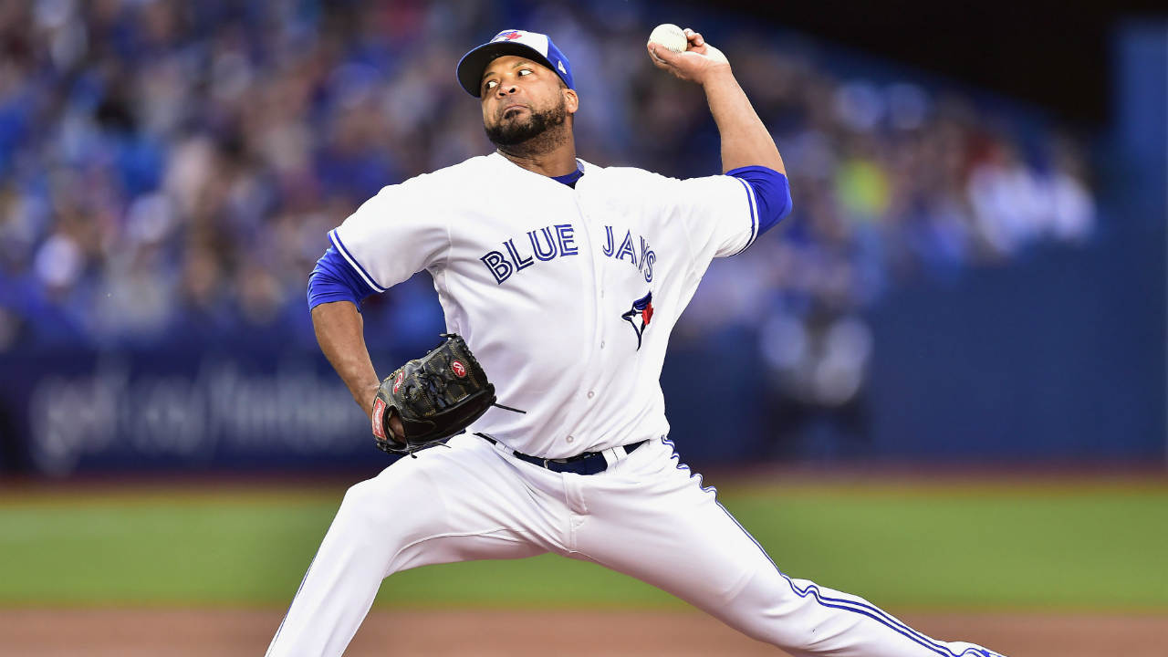 Toronto-Blue-Jays-starting-pitcher-Francisco-Liriano-(45)-throws-against-the-New-York-Yankees-during-first-inning-MLB-American-League-baseball-action-in-Toronto,-Friday,-June-2,-2017.-(Frank-Gunn/CP)