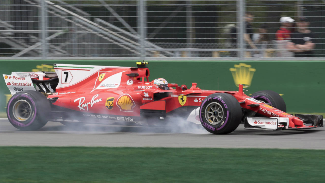 Ferrari-driver-Kimi-Raikkonen,-of-Finland,-locks-the-brakes-as-he-races-to-the-hairpin-during-the-first-practice-session,-Friday,-June-9,-2017-at-the-Canadian-Grand-Prix-in-Montreal.-(Jacques-Boissinot/CP)