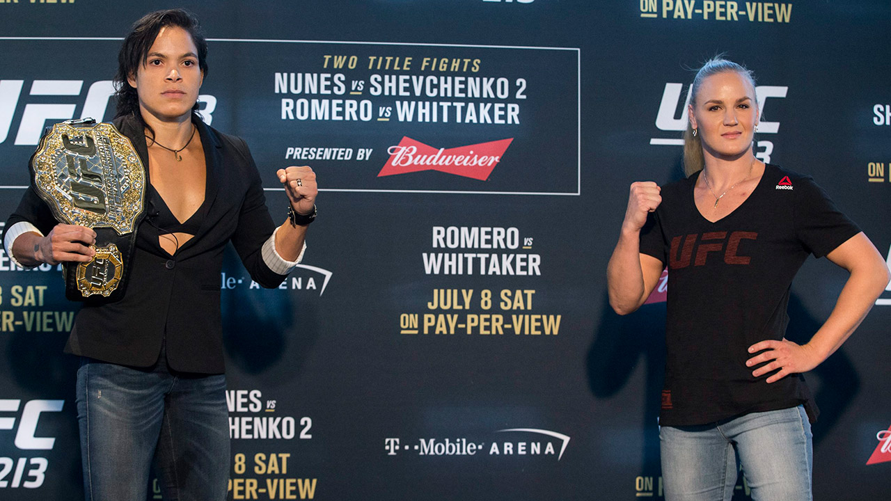 Amanda-Nunes,-left,-and-Valentina-Shevchenko-pose-during-media-day-for-Saturday's-UFC-213,-Thursday,-July-6,-2017,-in-Las-Vegas.-(Erik-Verduzco/AP)
