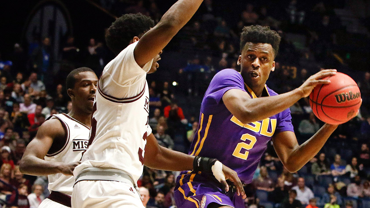 LSU-guard-Antonio-Blakeney-(2)-looks-for-a-way-around-Mississippi-State-forward-Aric-Holman.-(Wade-Payne/AP)