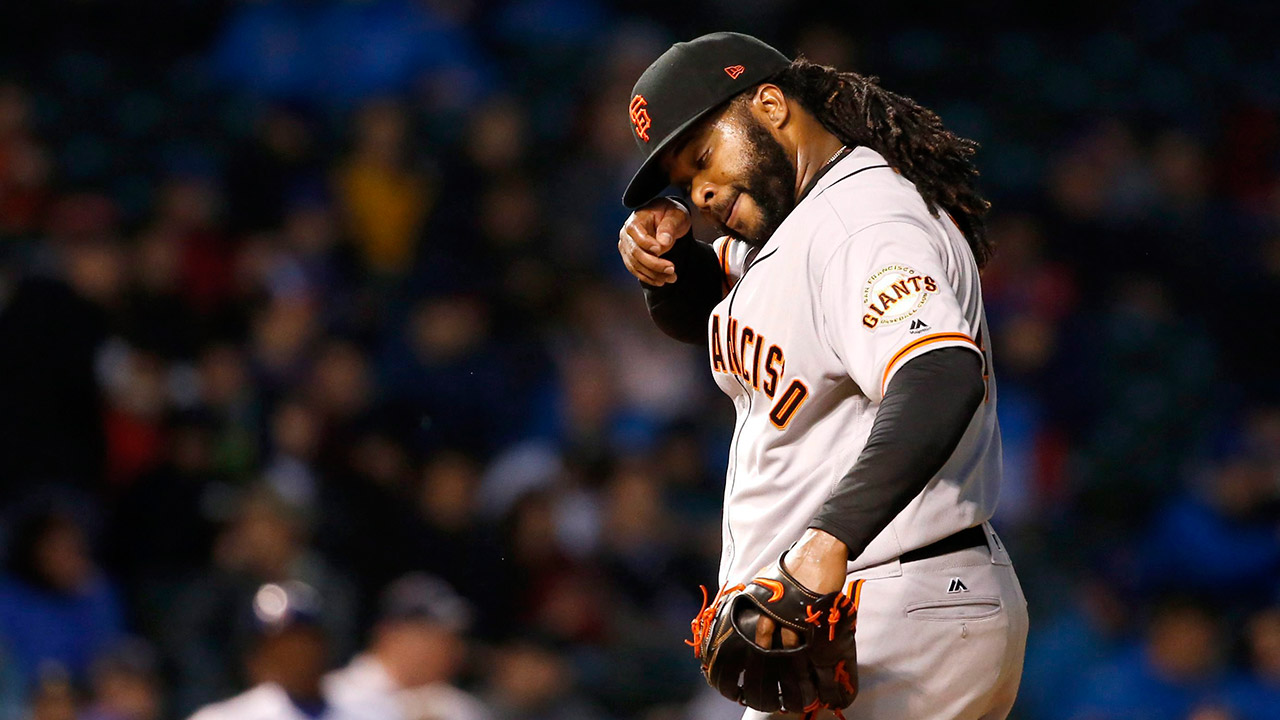 San-Francisco-Giants-starting-pitcher-Johnny-Cueto-wipes-the-sweat-from-his-face-during-the-fourth-inning-of-a-baseball-game-against-the-Chicago-Cubs-Tuesday,-May-23,-2017,-in-Chicago.-(Charles-Rex-Arbogast/AP)