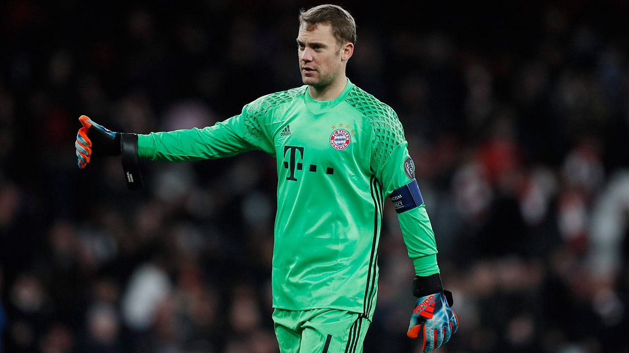 Bayern-goalkeeper-Manuel-Neuer-celebrates-at-the-end-of-the-Champions-League-round-of-16-second-leg-soccer-match-between-Arsenal-and-Bayern-Munich-at-the-Emirates-Stadimum-in-London,-Tuesday,-March-7,-2017.-Bayern-won-5-1.-(Kirsty-Wigglesworth/AP)