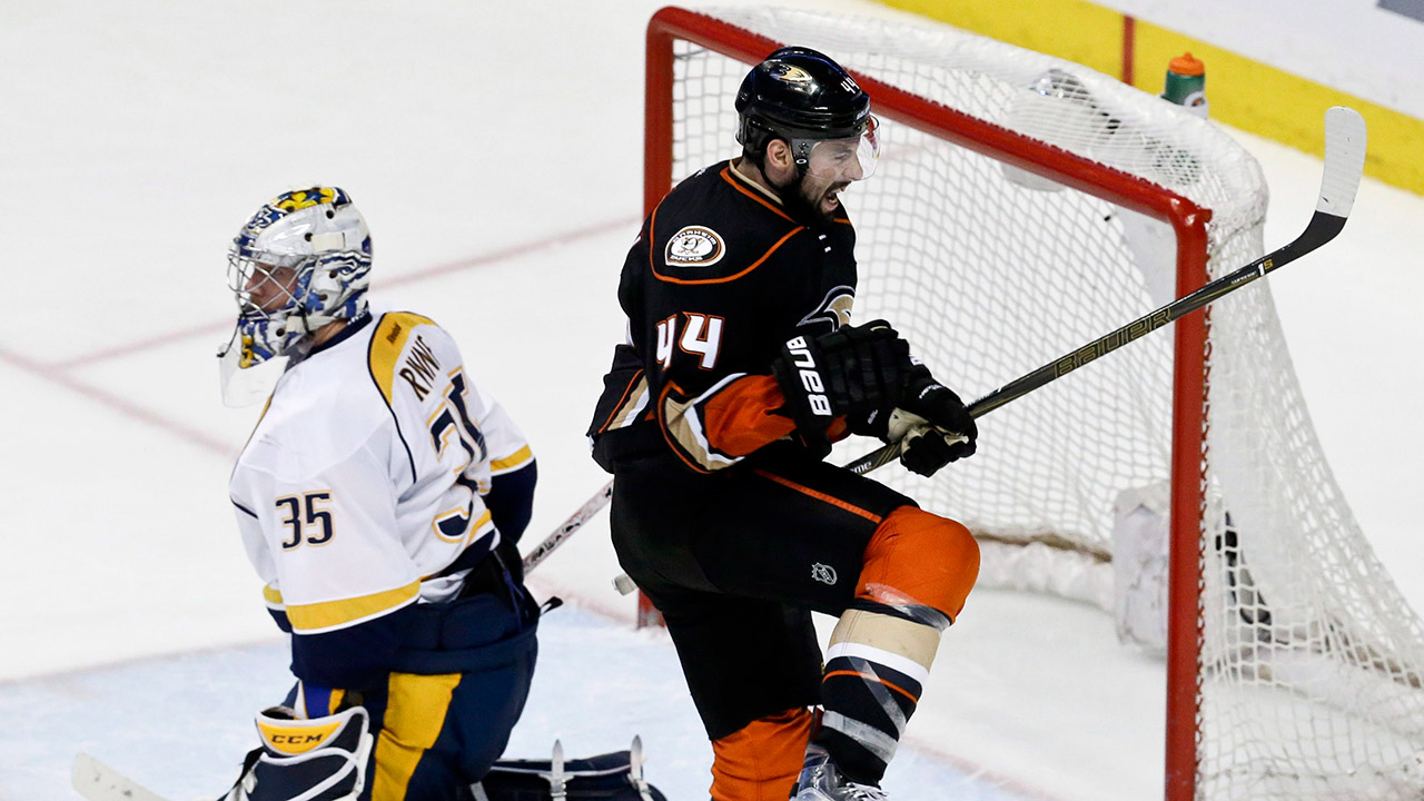 Nate-Thompson,-celebrates-after-scoring-past-Nashville-Predators.-(Chris-Carlson/AP)
