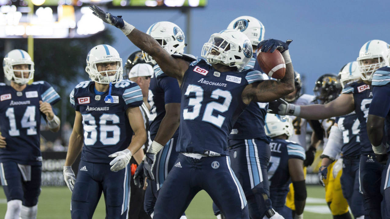 Toronto-Argonauts-running-back-James-Wilder-Jr.-(32)-celebrates-his-touchdown-during-the-first-half-of-CFL-football-action-against-the-Hamilton-Tiger-Cats,-in-Hamilton-on-Friday,-June-16,-2017.-(Peter-Power/CP)