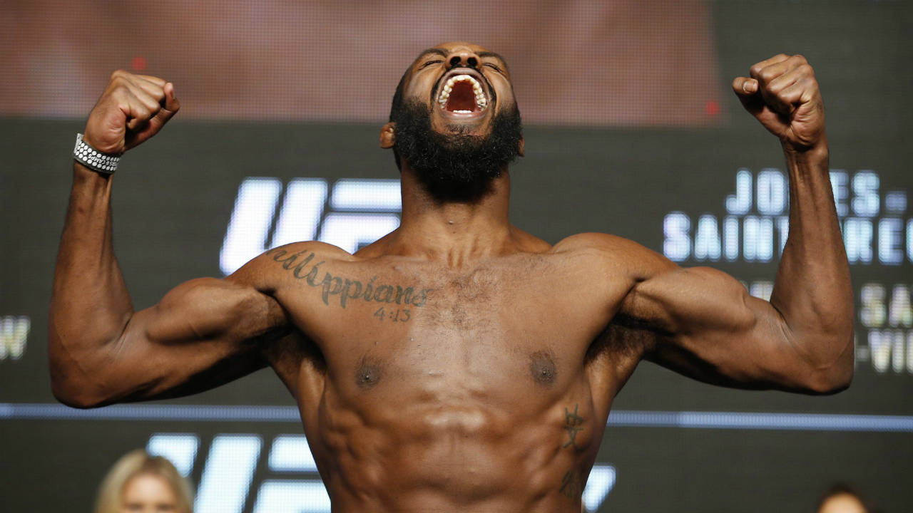 Jon-Jones-reacts-on-the-scale-during-a-weigh-in-for-UFC-197,-Friday,-April-22,-2016,-in-Las-Vegas.-Jones-is-scheduled-to-fight-Ovince-Saint-Preux-in-an-interim-light-heavyweight-title-bout-Saturday-in-Las-Vegas-.(John-Locher/AP)