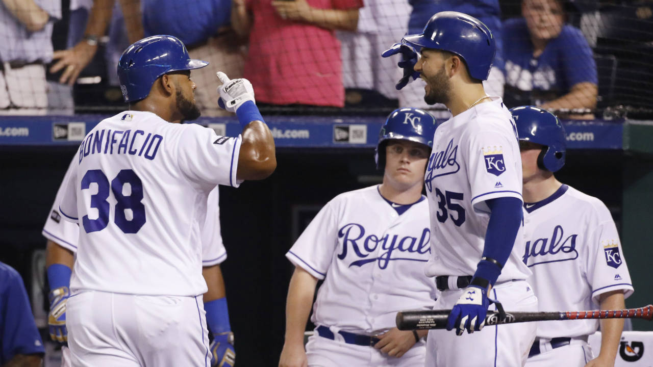 Kansas-City-Royals'-Jorge-Bonifacio-(38)-celebrates-his-solo-home-run-with-Eric-Hosmer-(35)-during-the-seventh-inning-of-the-team's-baseball-game-against-the-Chicago-White-Sox-at-Kauffman-Stadium-in-Kansas-City,-Mo.,-Saturday,-July-22,-2017.-The-Royals-defeated-the-White-Sox-7-2.-(Colin-E.-Braley/AP)