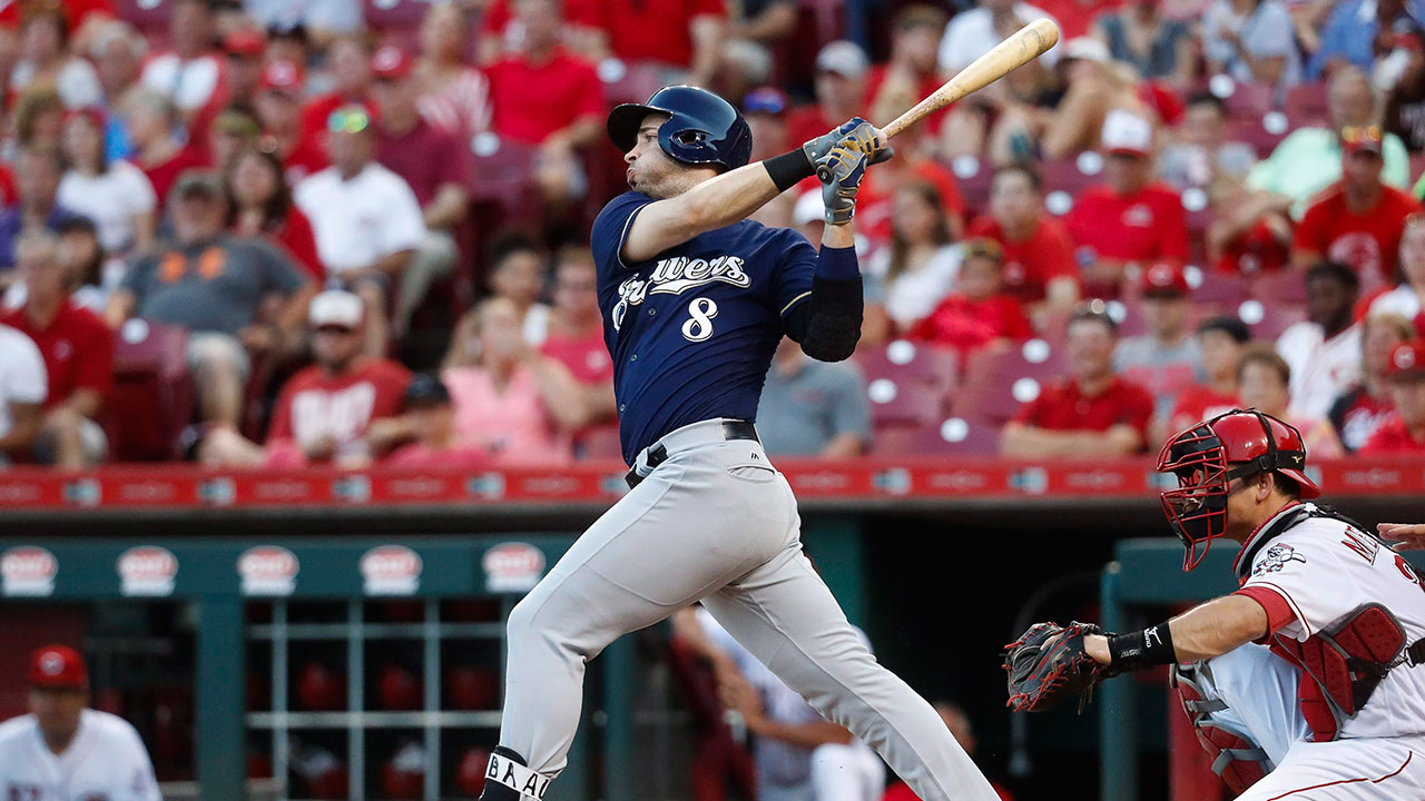 Milwaukee Brewers' Ryan Braun watches his single off Cincinnati Reds relief pitcher Kevin Shackelford during a game in Cincinnati. (John Minchillo/AP)