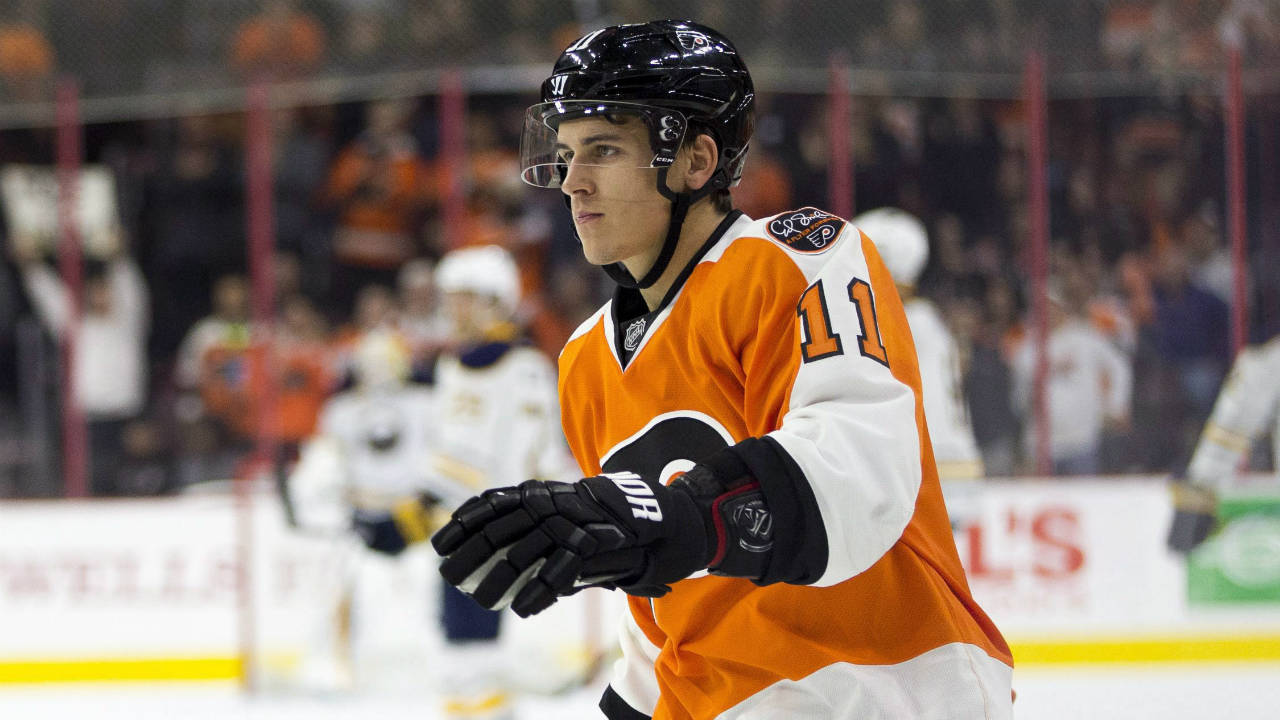Philadelphia-Flyers'-Travis-Konecny-looks-on-after-scoring-his-first-NHL-goal-during-the-third-period-of-an-NHL-hockey-game-against-the-Buffalo-Sabres,-Tuesday,-Oct.-25,-2016,-in-Philadelphia.-The-Flyers-won-4-3-in-a-shootout.-(Chris-Szagola/AP)