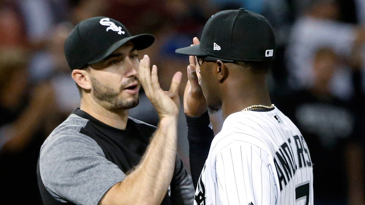 Chicago-White-Sox-starting-pitcher-Miguel-Gonzalez,celebrates-with-Tim-Anderson.-(Charles-Rex-Arbogast/AP)