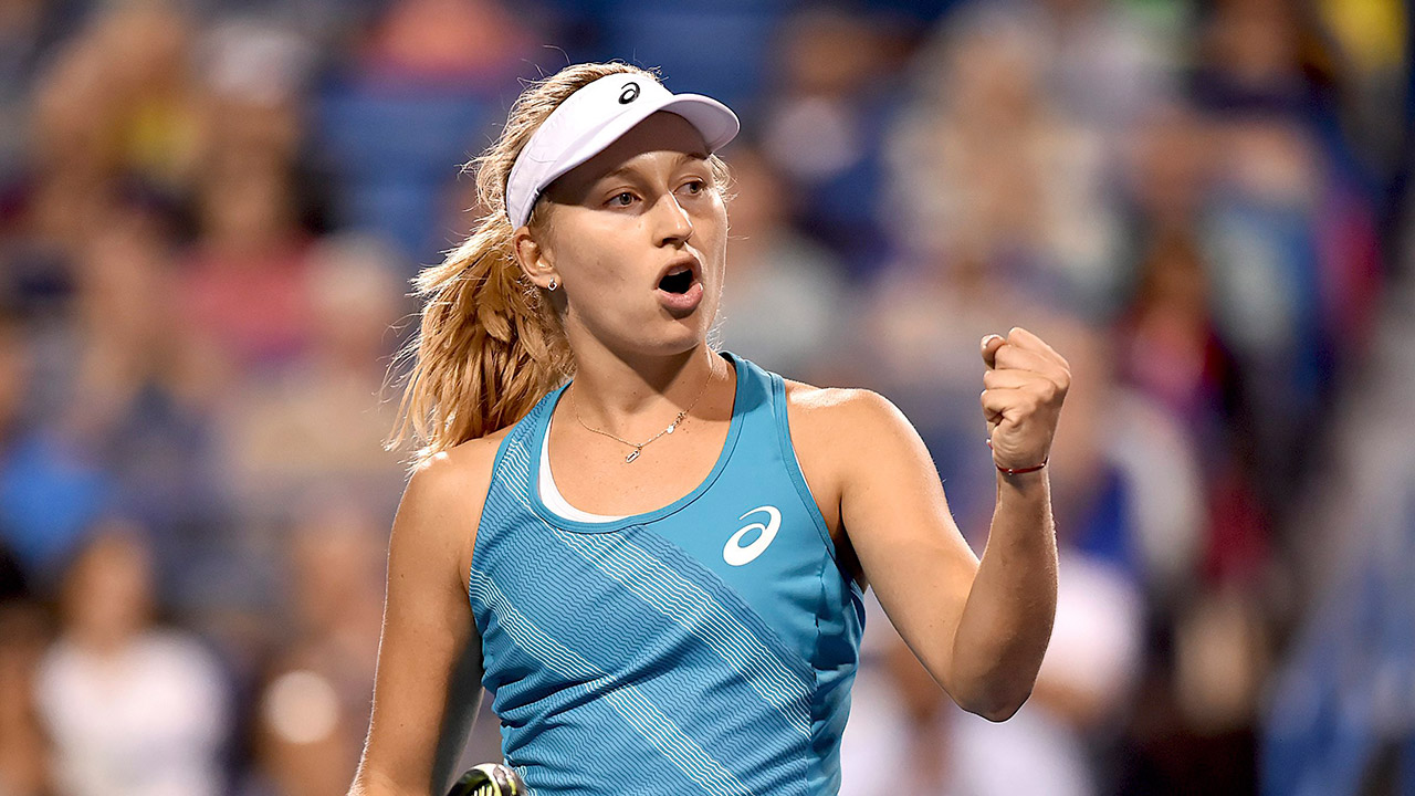Australia's-Daria-Gavrilova-celebrates-her-win-over-Agnieszka-Radwanska.-(Catherine-Avalone/AP)