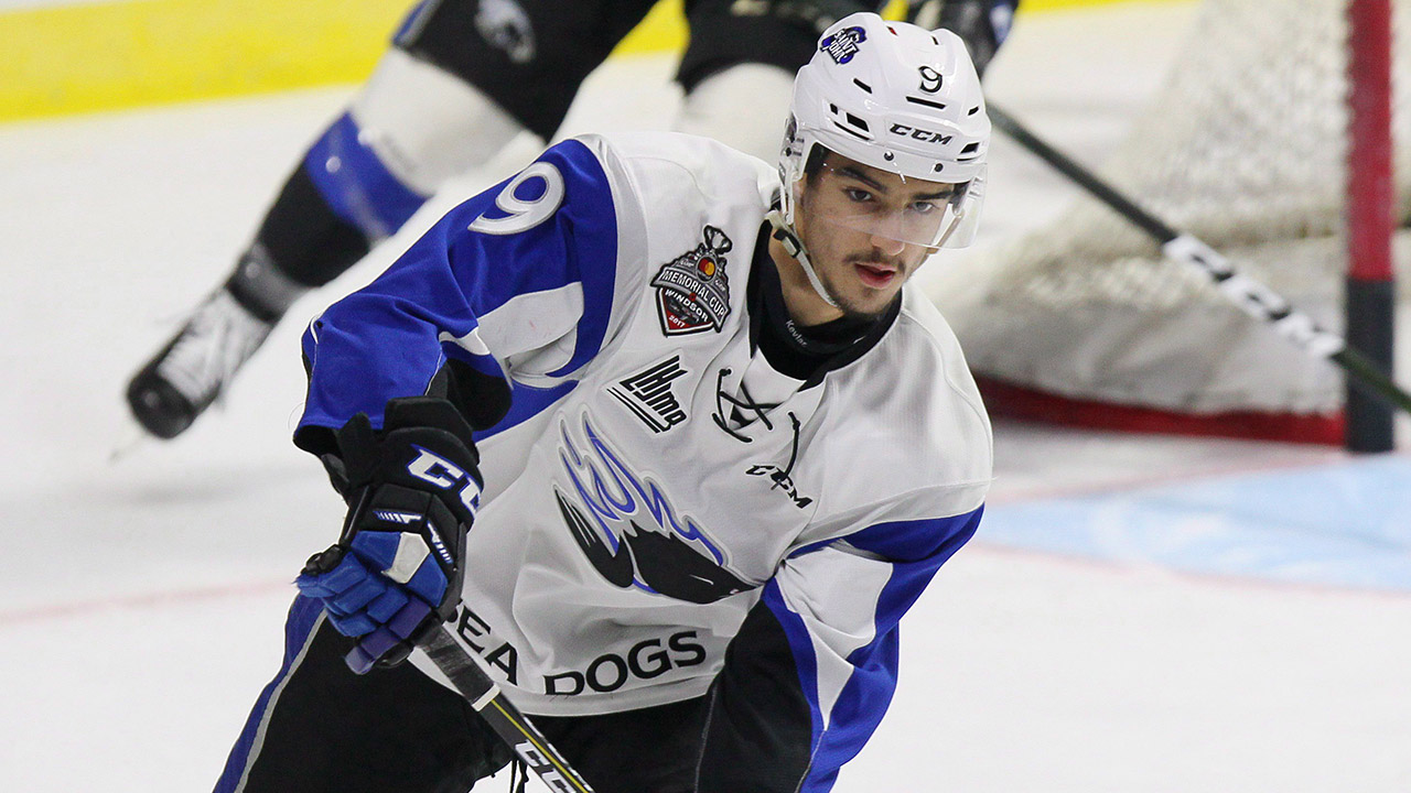 Saint-John-Sea-Dogs'-Joe-Veleno-skates-during-warm-up.-(Dave-Chidley/AP)