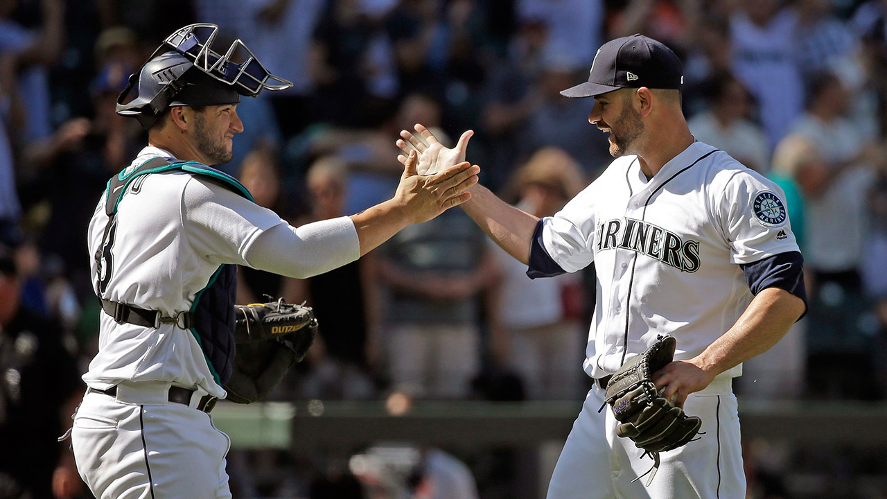 Seattle-Mariners-closing-pitcher-Marc-Rzepczynski-and-catcher-Mike-Zunino.-(Elaine-Thompson/AP)