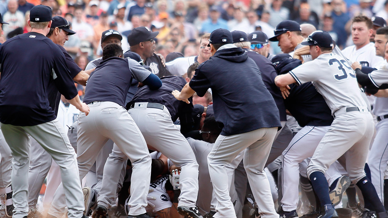 Detroit-Tigers'-Miguel-Cabrera-is-in-the-bottom-of-the-pile-durning-a-brawl.-(Duane-Burleson/AP)