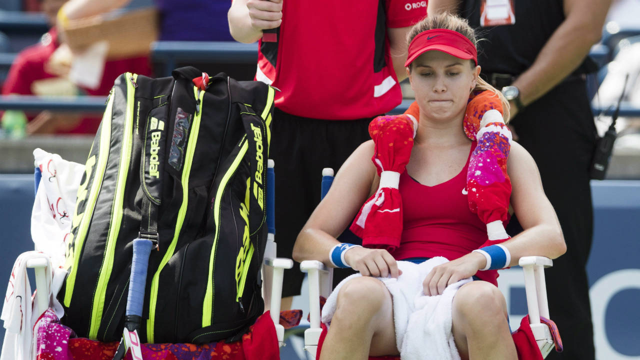 Eugenie-Bouchard-of-Canada-sits-in-her-chair-between-games-against-Donna-Vekic-of-Croatia-during-their-first-round-match-at-the-Rogers-Cup-WTA-women's-tennis-tournament-in-Toronto,-Ont.,-Tuesday-August-8,-2017.-(Mark-Blinch/CP)