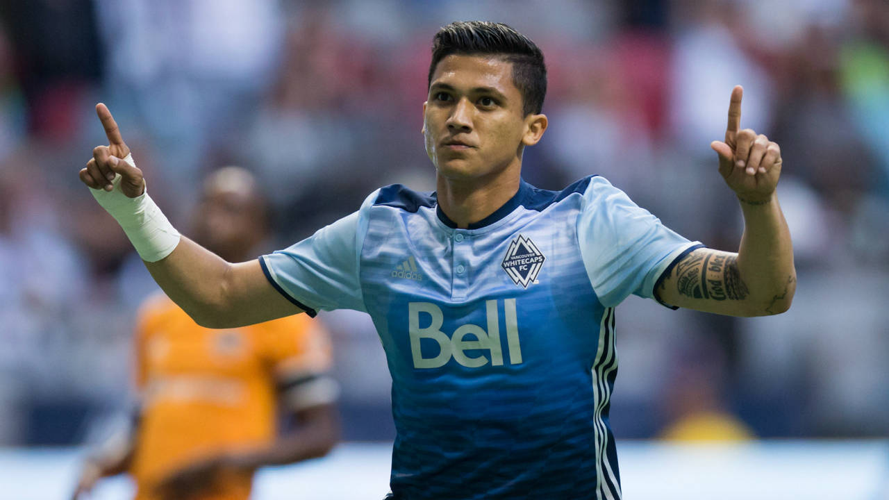 Vancouver-Whitecaps'-Fredy-Montero-celebrates-after-scoring-on-a-penalty-kick-during-the-first-half-of-an-MLS-soccer-game-against-the-Houston-Dynamo-in-Vancouver,-B.C.,-on-Saturday-August-19,-2017.-(Darryl-Dyck/CP)