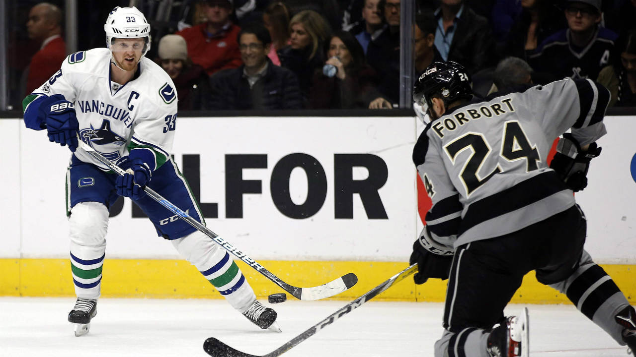 In-this-Saturday,-March-4,-2017,-file-photo,-Vancouver-Canucks-center-Henrik-Sedin,-left,-of-Sweden,-passes-the-puck-against-Los-Angeles-Kings-defenseman-Derek-Forbort-during-the-first-period-of-an-NHL-hockey-game-in-Los-Angeles.-The-NHL-will-play-its-first-games-in-China-this-fall-when-the-Kings-and-Canucks-meet-in-Beijing-and-Shanghai.-(Alex-Gallardo,-File/AP)
