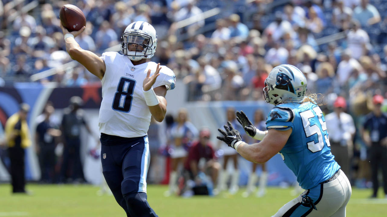 Tennessee-Titans-quarterback-Marcus-Mariota-(8)-passes-as-he-is-pressured-by-Carolina-Panthers-linebacker-David-Mayo-(55)-in-the-first-half-of-an-NFL-football-preseason-game-Saturday,-Aug.-19,-2017,-in-Nashville,-Tenn.-(Mark-Zaleski/AP)