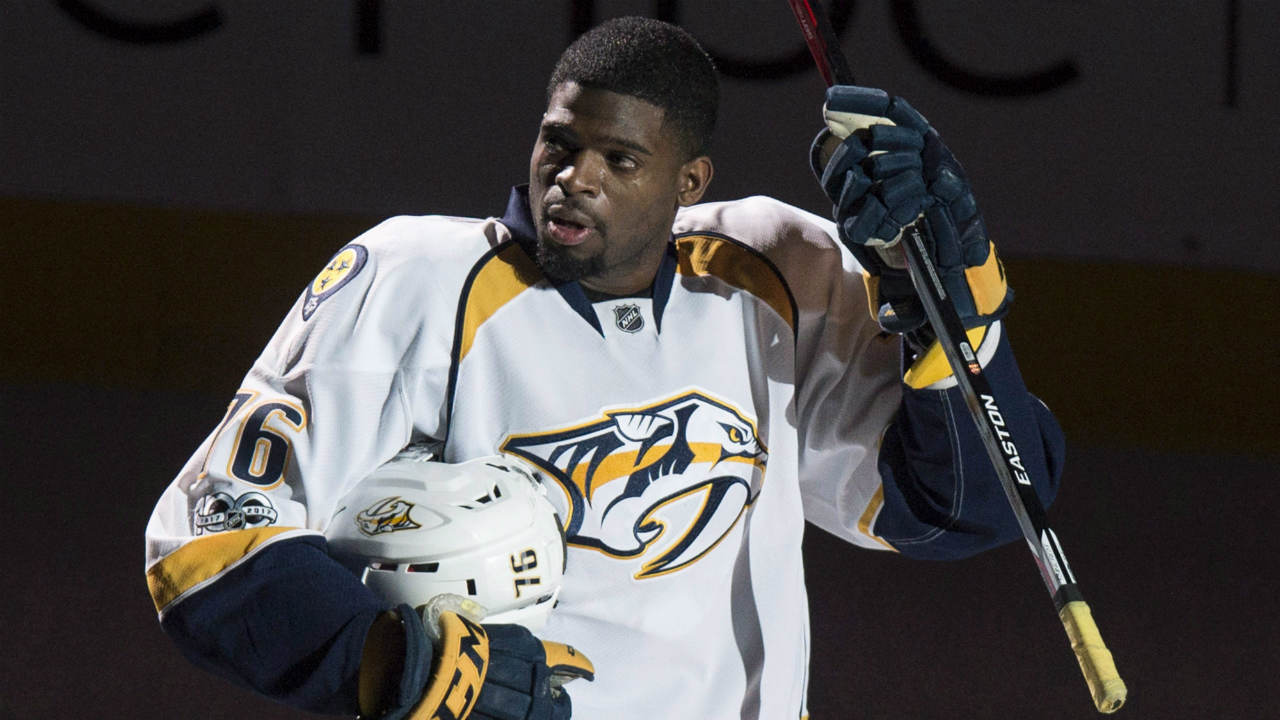 Nashville-Predators'-P.K.-Subban-salutes-the-crowd-as-he-is-introduced-prior-to-facing-the-Montreal-Canadiens-in-NHL-hockey-action,-in-Montreal-on-Thursday,-March-2,-2017.-(Paul-Chiasson/CP)