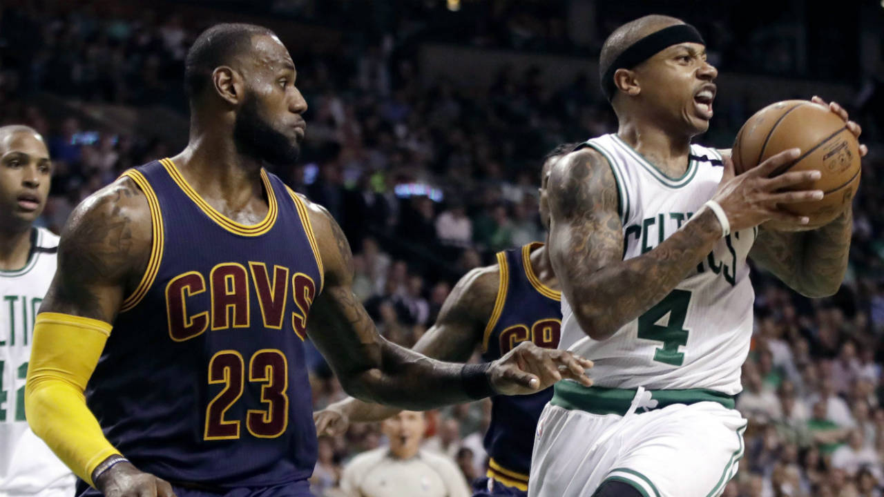 Boston-Celtics-guard-Isaiah-Thomas-(4)-tries-to-move-the-ball-in-front-of-Cleveland-Cavaliers-forward-LeBron-James-(23)-during-first-half-of-Game-2-of-the-NBA-basketball-Eastern-Conference-finals,-Friday,-May-19,-2017,-in-Boston.-(Elise-Amendola/AP)