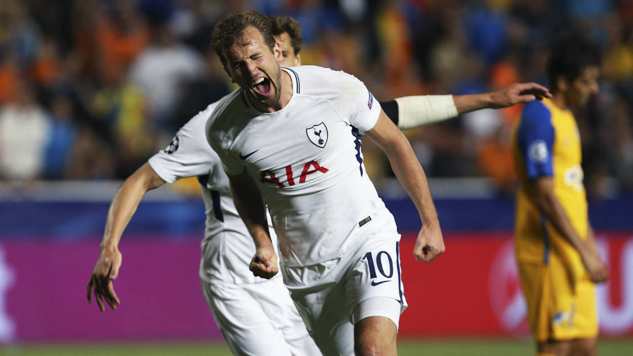 Tottenham's-Harry-Kane-celebrate-his-second-goal-against-APOEL-during-the-Champions-League-Group-H-soccer-match-between-APOEL-Nicosia-and-Tottenham-Hotspur-at-GSP-stadium,-in-Nicosia,-Cyprus,-on-Tuesday,-Sept.-26,-2017.-(Petros-Karadjias/AP)