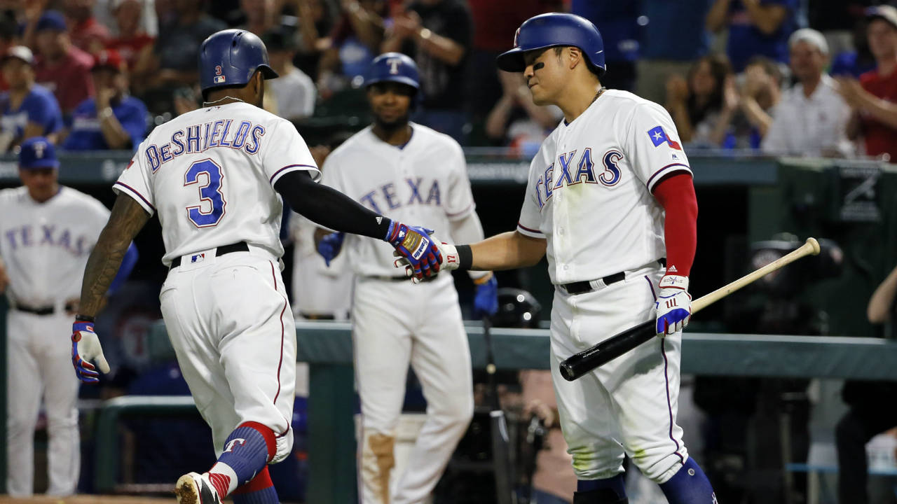 Texas-Rangers'-Delino-DeShields-(3)-and-Shin-Soo-Choo,-right,-of-South-Korea-celebrate-DeShields-solo-home-run-in-the-fourth-inning-of-a-baseball-game-against-the-Seattle-Mariner,-Monday,-Sept.-11,-2017,-in-Arlington,-Texas.-(Tony-Gutierrez/AP)