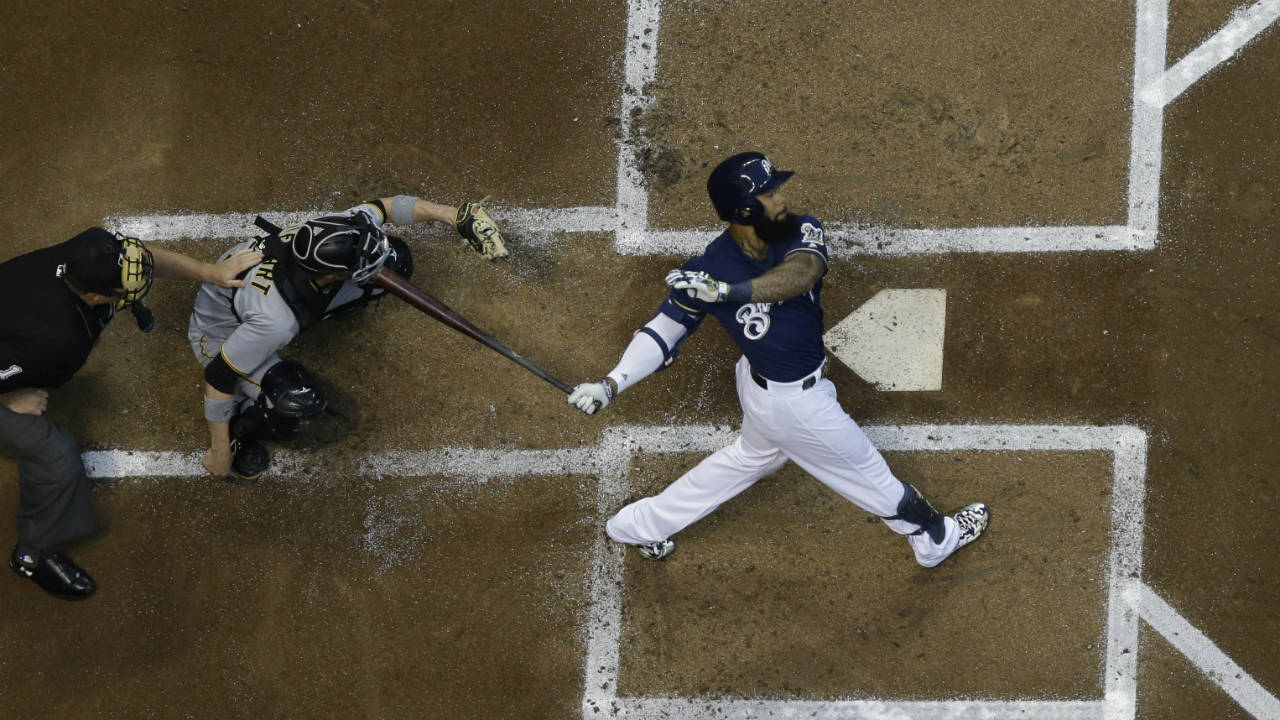 Milwaukee-Brewers'-Eric-Thames-hits-a-home-run-during-the-second-inning-of-a-baseball-game-against-the-Pittsburgh-Pirates-Tuesday,-Sept.-12,-2017,-in-Milwaukee.-(Morry-Gash/AP)