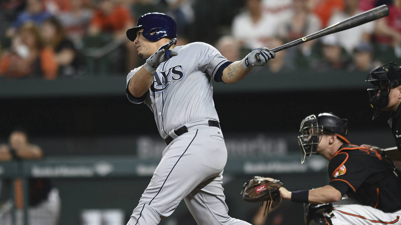 Tampa-Bay-Rays'-Wilson-Ramos-follows-through-on-a-double-against-the-Baltimore-Orioles-in-the-eighth-inning-of-a-baseball-game,-Friday,-Sept.-22,-2017,-in-Baltimore.-(Gail-Burton/AP)