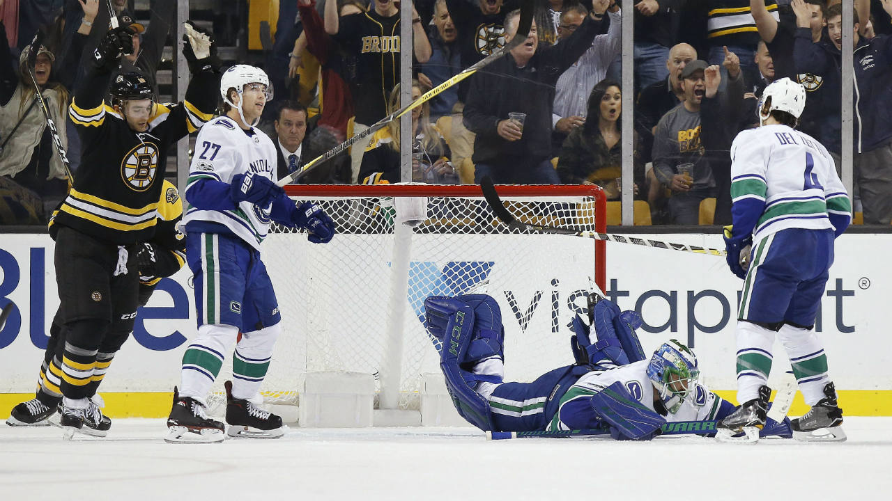 Vancouver-Canucks'-Anders-Nilsson,-second-from-right,-of-Sweden,-lies-on-the-ice-as-Boston-Bruins'-Anders-Bjork,-left,-celebrates-the-goal-by-David-Krejci-during-the-first-period-of-an-NHL-hockey-game-in-Boston,-Thursday,-Oct.-19,-2017.-(Michael-Dwyer/AP)