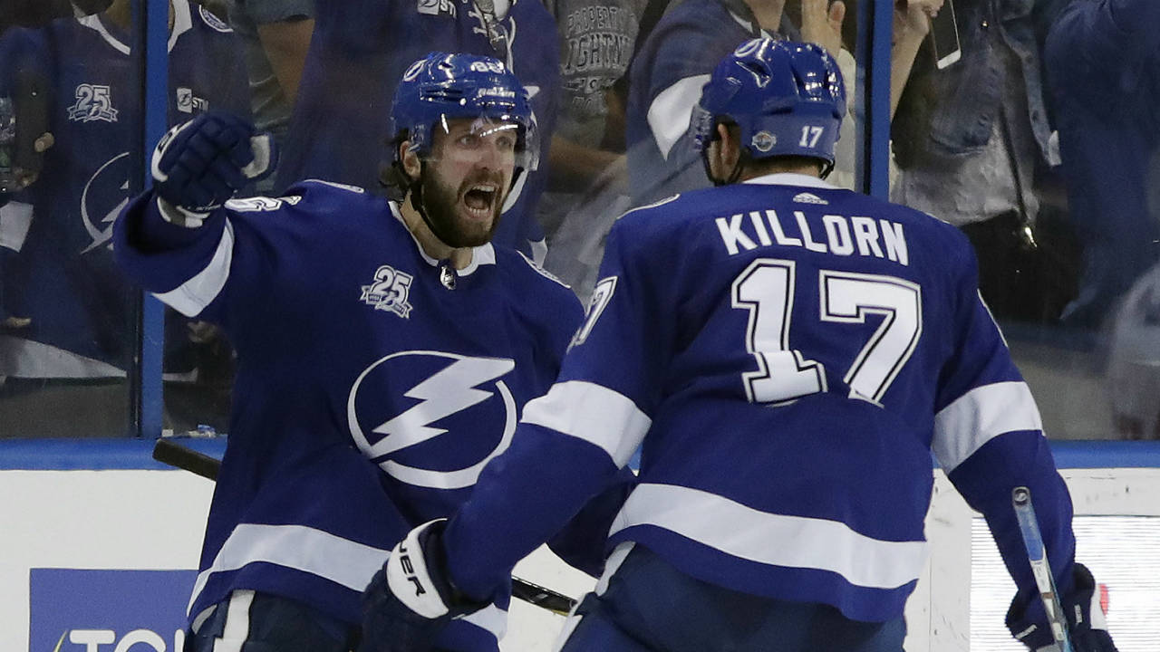 Tampa-Bay-Lightning-right-wing-Nikita-Kucherov,-of-Russia,-celebrates-his-goal-against-the-Washington-Capitals-with-left-wing-Alex-Killorn-(17)-during-the-third-period-of-an-NHL-hockey-game,-Monday,-Oct.-9,-2017,-in-Tampa,-Fla.-(Chris-O'Meara/AP)